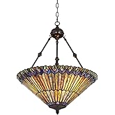 Robert Louis Tiffany Pendant Light Fixture - 3 Light, Peacock Stained Glass Shade, Bronze Rustic Tiffany Pendant Light for Ki