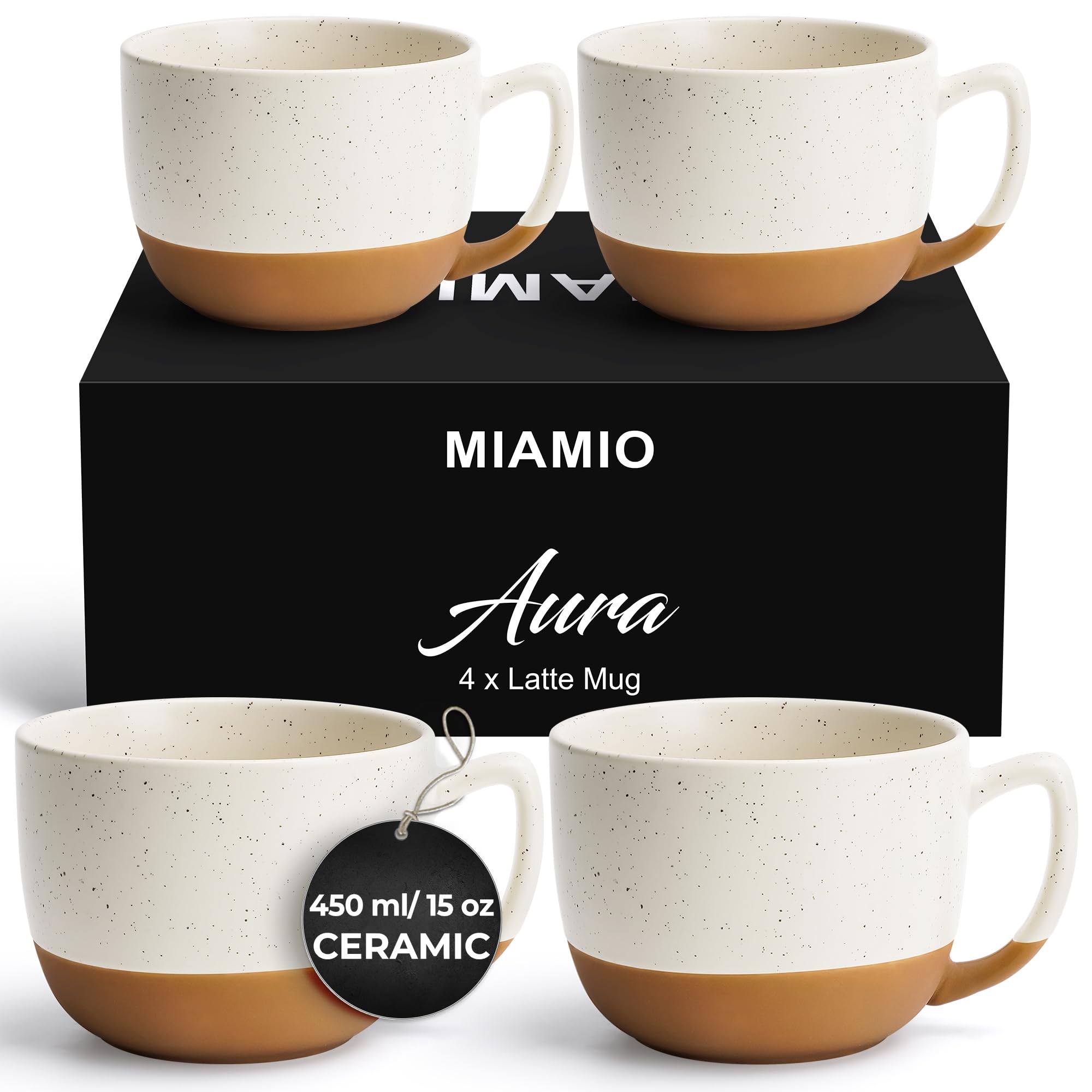 MIAMIO – 450 ml, Set of 4 Ceramic Latte Mug – Elegant Modern Coffee Mug Set for Cafe, Latte, Tea, Hot Cocoa - Drinks Dishwasher & Microwave Safe – Aura Collection (Creamy Cocoa, Mugs (4X))