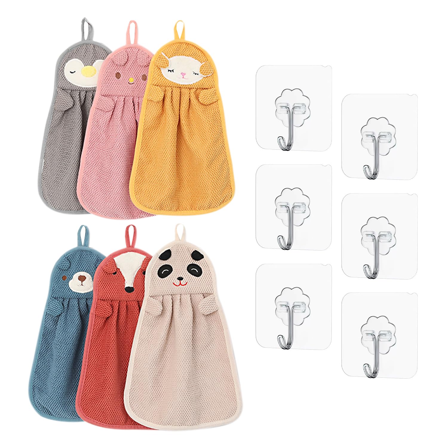 TYGFRT 6 Pcs Animal Handkerchiefs, 6 Pcs Hooks, Kids Towels For Girls, Colorful Guest Towels, Small Towels, Kids Face Towels, Bunny Kitchen Towels, Kitchen And Bathroom Towels, Towels Animal Print