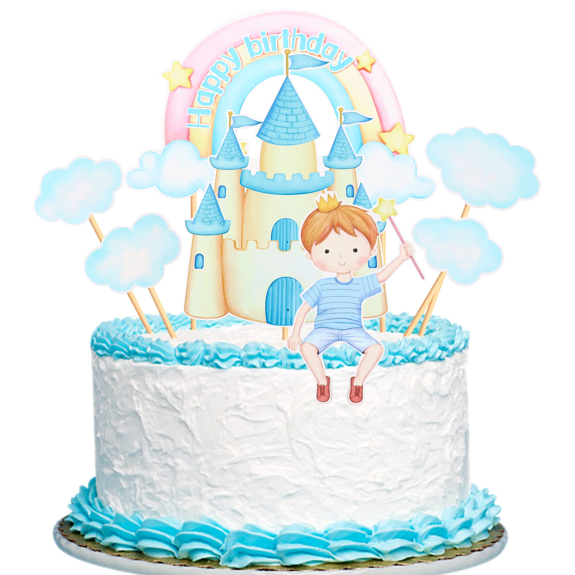 Blumomon 7Pcs Baby Boy Cake Toppers Kits Blue Castle Rainbow Cloud Babyshower Cake Decorations for Boy Kids Babyshower Birthday Party Supplies
