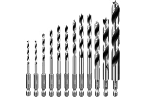 SALI Brad Point Wood Drill Bits Set 12pcs 1/8" to 1/2" Carbon Steel Drill Bit Set with 1/4" Hex Shank Double Flutes Design fo