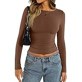 EasyGala Womens Cotton Boat Neck Long Sleeve Shirts Basic Going Out Stretchy Slim Fit Y2k Crop Tops