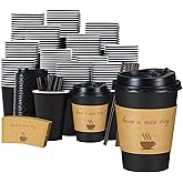 Lamosi 12 oz Coffee Cups with Lids 100 Pack, 12 oz Disposable Coffee Cup with Stir Sticks and Sleeves, To Go Hot Paper Cup for Home, Travel, Office