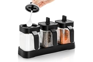 Mezchi Set of 3 Condiment Jar with Tray, 13.5 OZ Spice Container with Lids and Spoons, Glass condiment salt and sugar contain