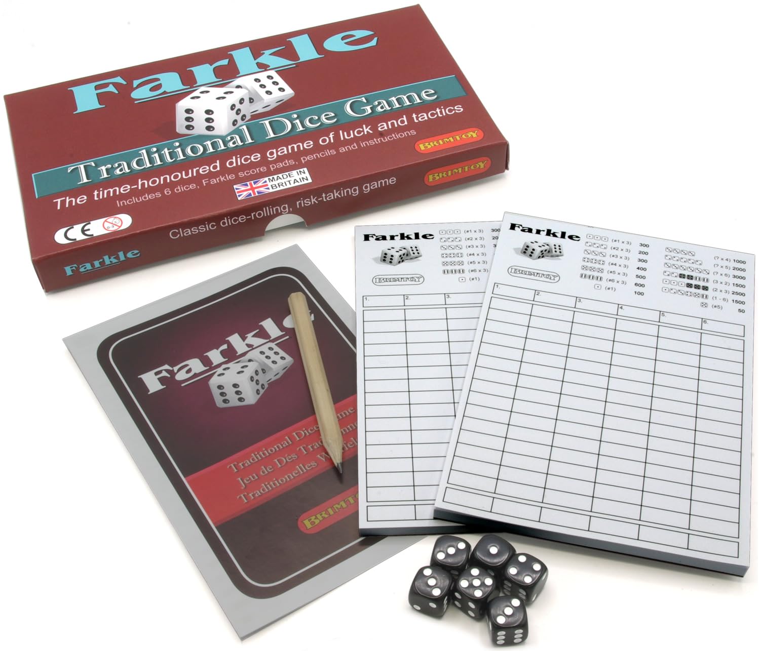 Brimtoy Traditional Farkle Dice Game - Boxed Family Game - Classic Game of Risk Taking and Strategy by Rolling the Dice to Build Your Score - Supplied with 2 Pads, Dice, Pencil and Instructions