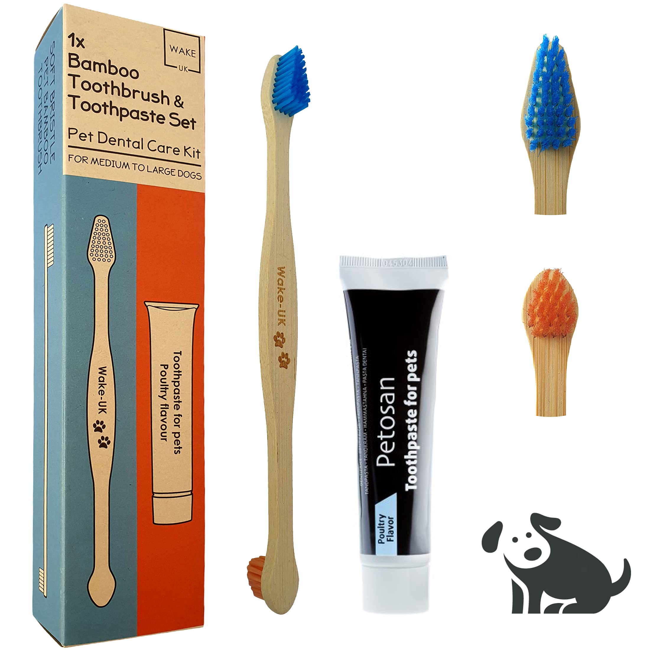 Pet Toothbrush for Dogs Medium to Large, Pack of 2 Double Head Bamboo, Soft Teeth Cleaning Products, Remove Plaque Off, Eco Friendly Bamboo Dog Toothbrush