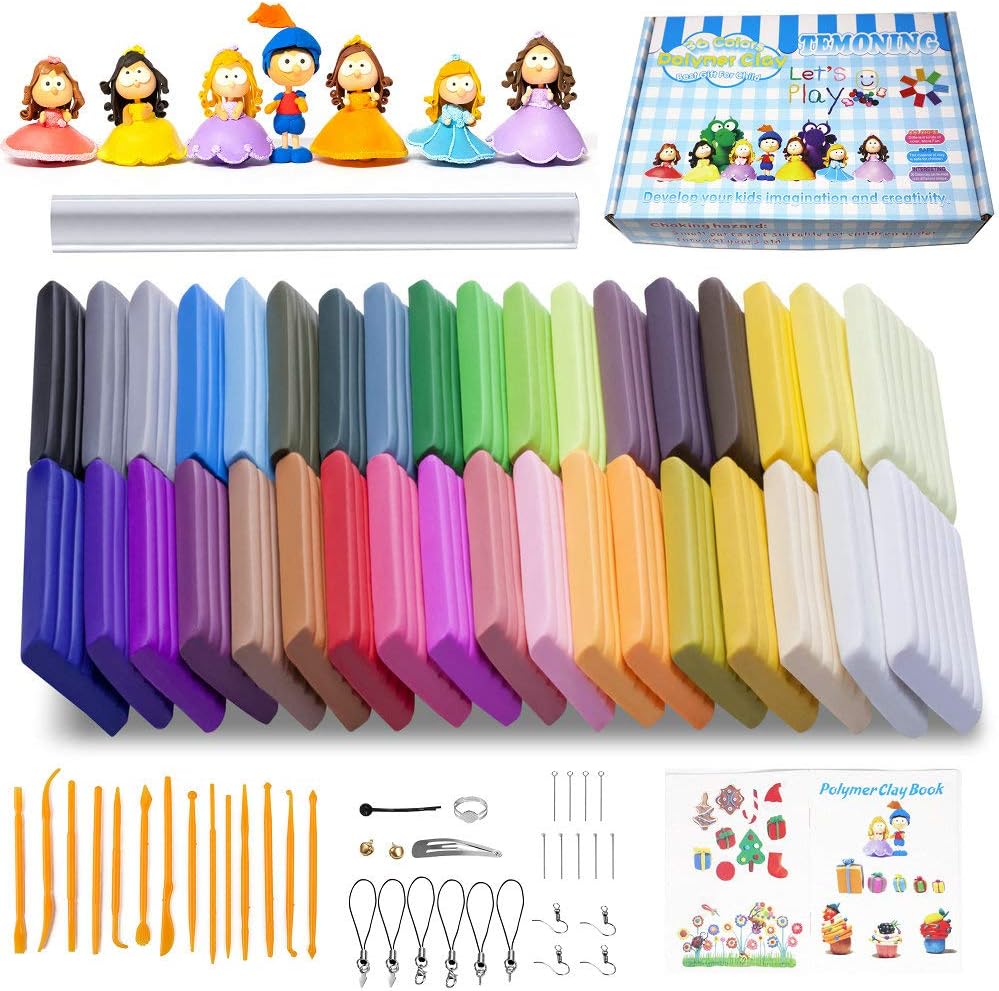 Polymer Clay, 36 Colors Modelling Clay with Rolling Pin Oven Bake Clay English Manuals Modeling