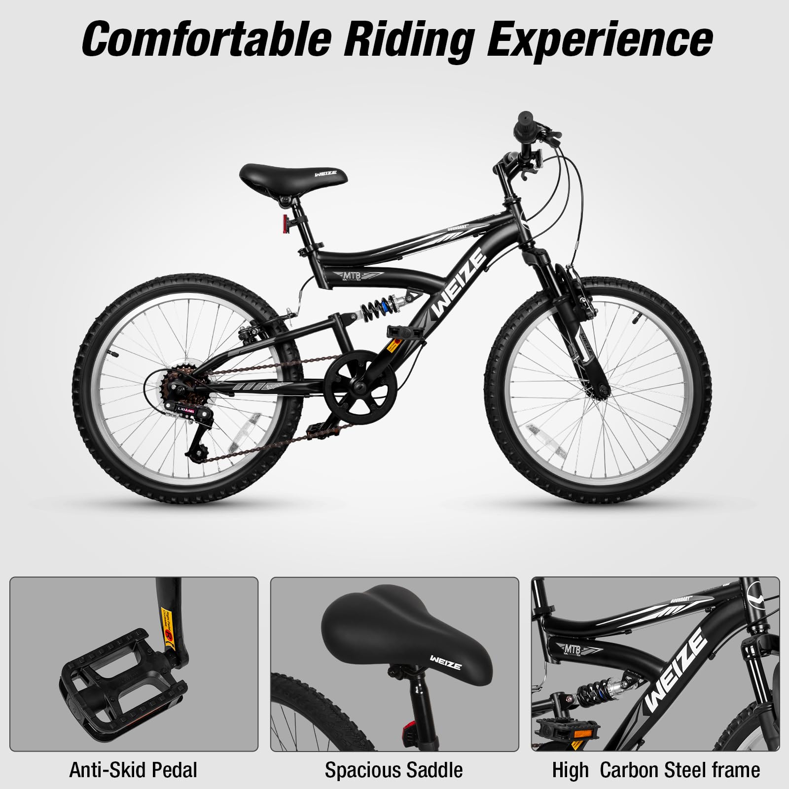 WEIZE Kids Mountain Bike, 20 24 inch Kids' Bicycles for 6-14 Years Old Boys Girls with Dual Full Suspension, 6 Speeds Drivetrain, High-Carbon Steel Frame, Ideal for Young Riders and Adventurers