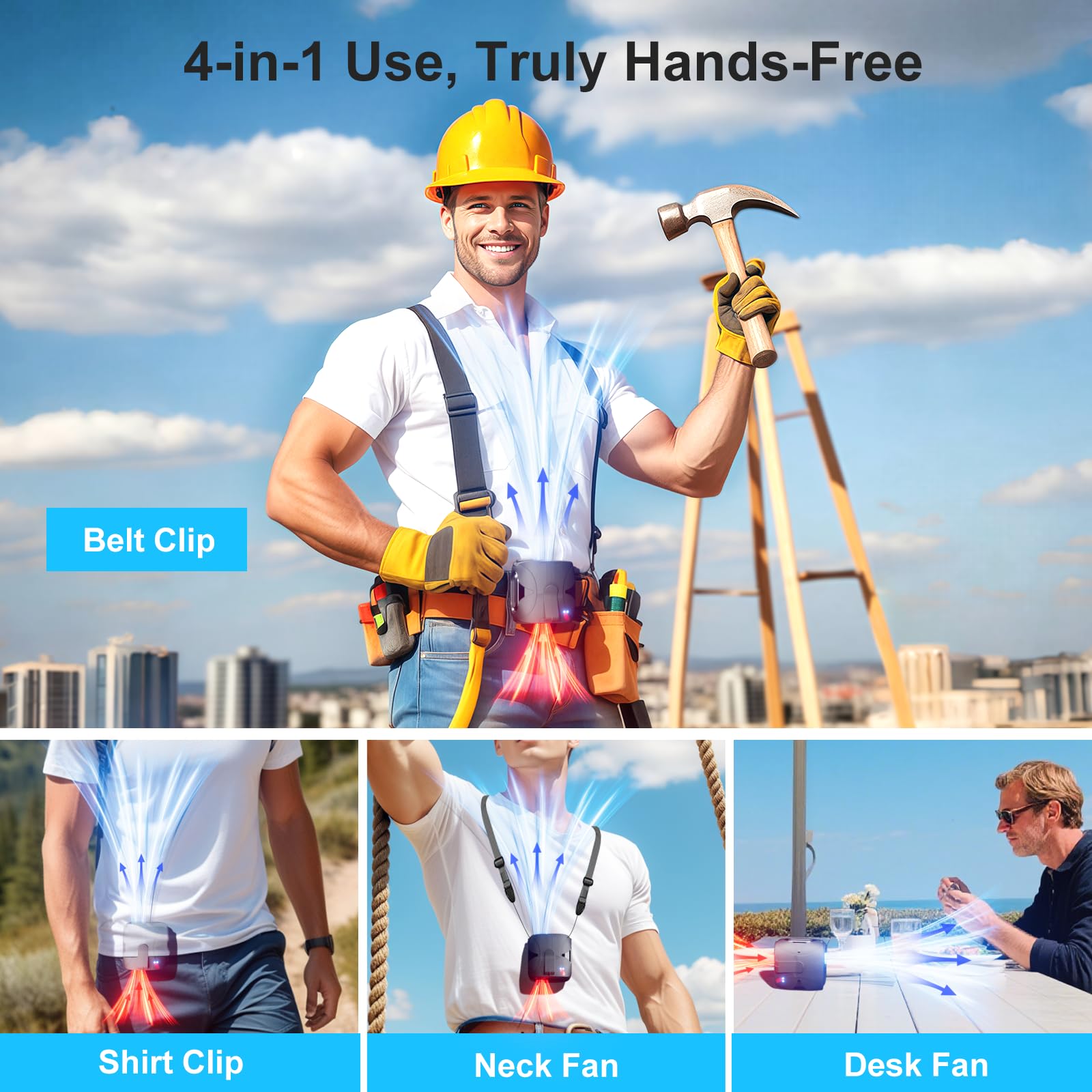 FULSUNT 2025 Upgraded Portable Waist Fan Clip On Belt Up to 40H Cooling, 6 Speeds 14000RPM Powerful Airflow Shirt Fan Body Fans Rechargeable, Wearable Belt Fans for Outdoor Work Travel
