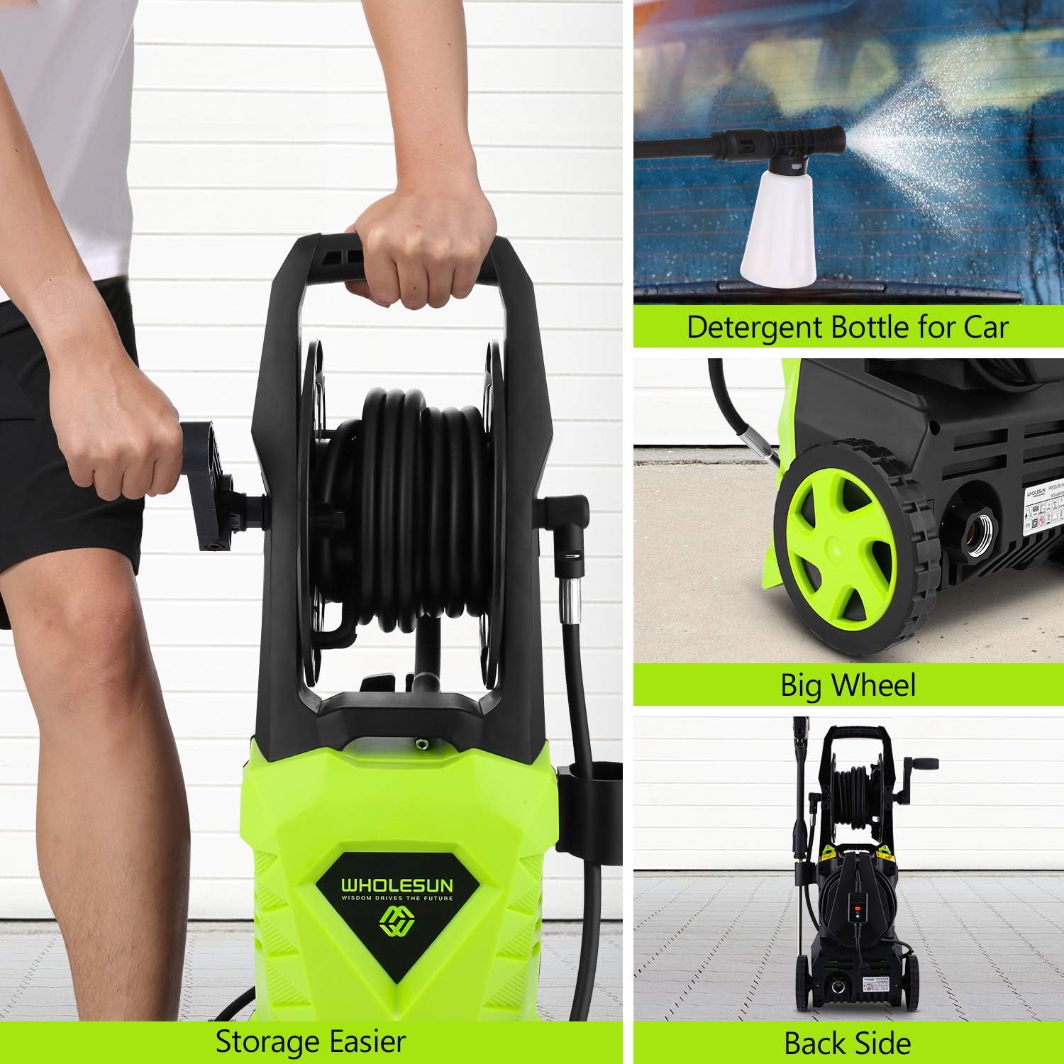 WHOLESUN 3000PSI Pressure Washer Electric 1.8GPM 1600W High Power Washer Machine with Spray Gun & 5 Nozzles (Green) : Garden & Outdoor