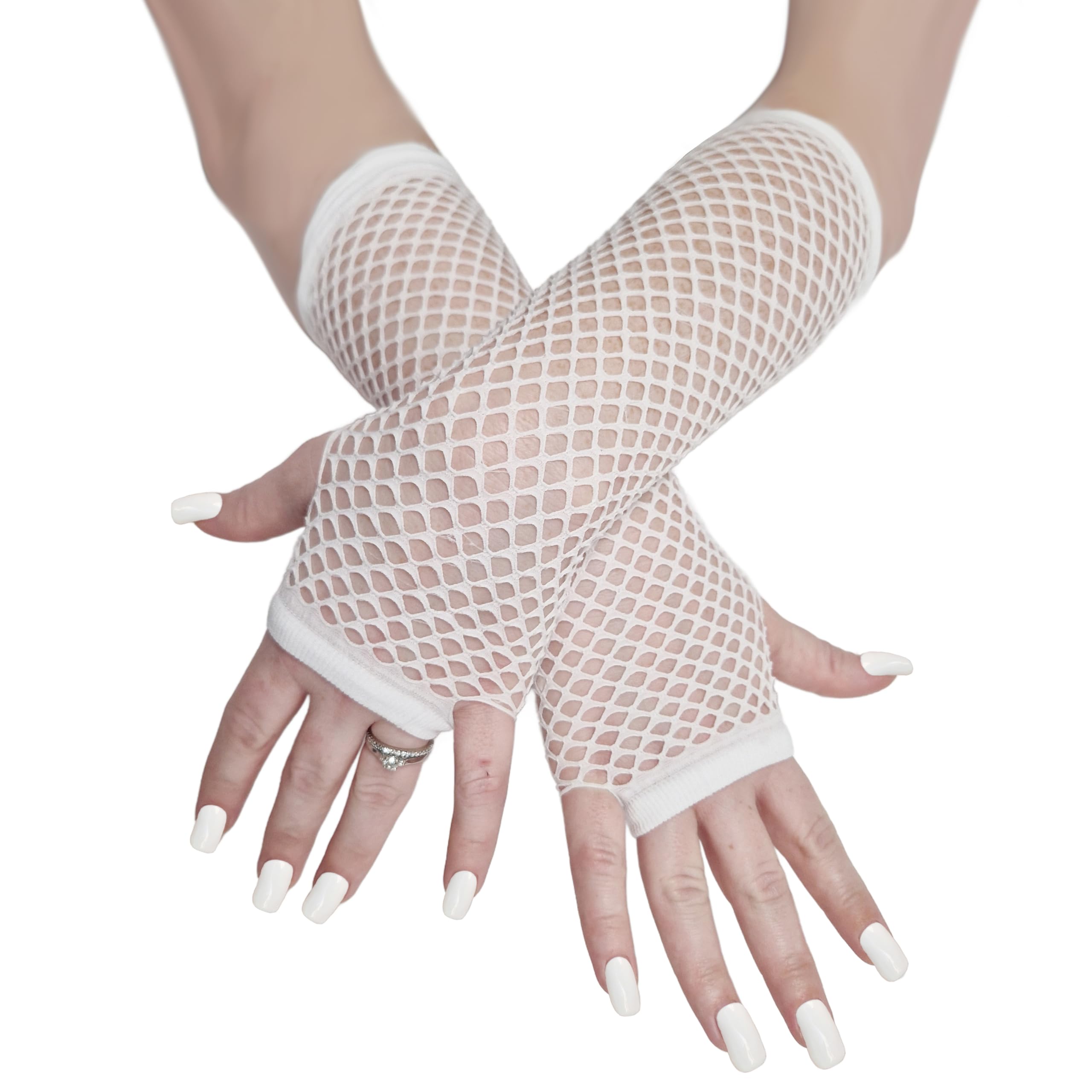 Komonee White Fishnet Gloves Long Fingerless Arm Warmers, Elbow Length Mesh Sleeves for Women, Stretchy Sheer Opera Style for Rave Cosplay Halloween 80s Costume, One Size