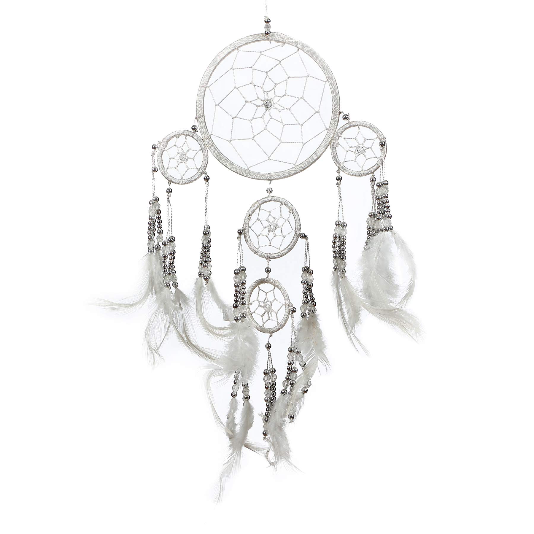 Pink Pineapple Handmade Bohemian Dream Catcher Ethical Hanging Dreamcatcher Wall Art with Feathers and Silver Beads Traditional Crochet Design - 12cm Wide, 35cm Long (White)
