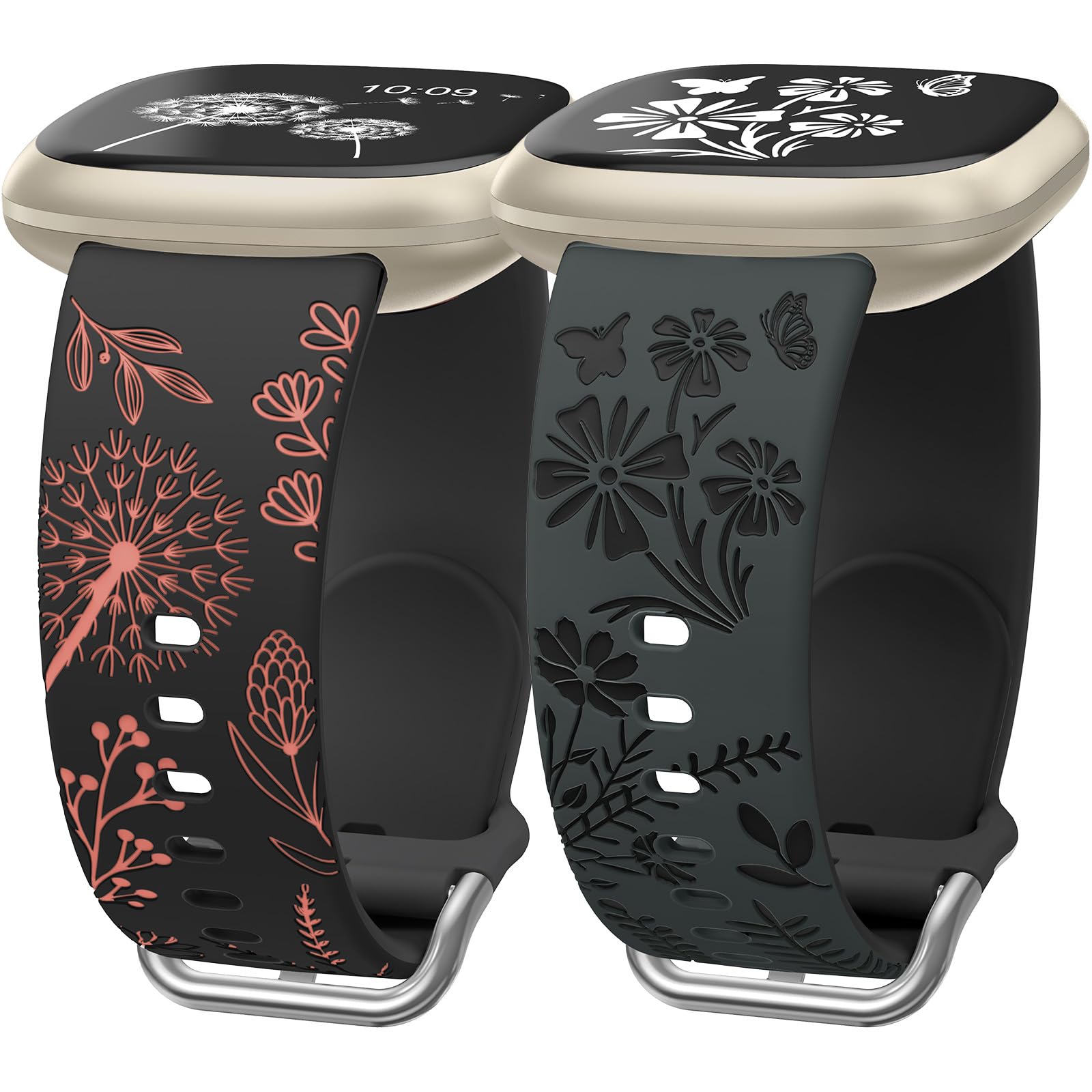 Wearlizer 2 Pack Floral Engraved Strap Compatible with Fitbit Versa 3 Straps/Versa 4/Sense 2/Sense Bands Women, Cute Two-Tone Flower Soft Silicone Sport Bracelet Black/Peachy Pink Coal Black/Black