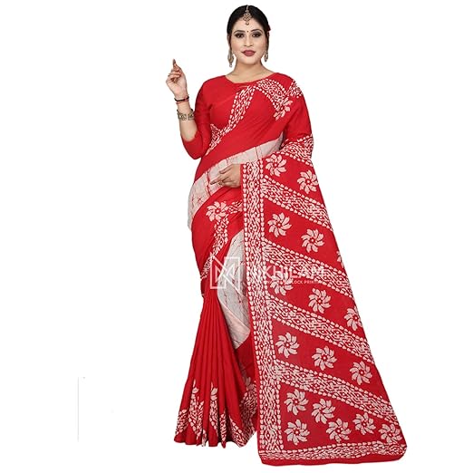 Nikhilam Cotton Hand Block Wax Batik Saree for Womens with Blouse Piece