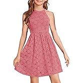 HOSIKA Girls Halter Neck Sleeveless Elegant Floral Lace A-line Flared Swing Party Dress for 6-12 Years Kid