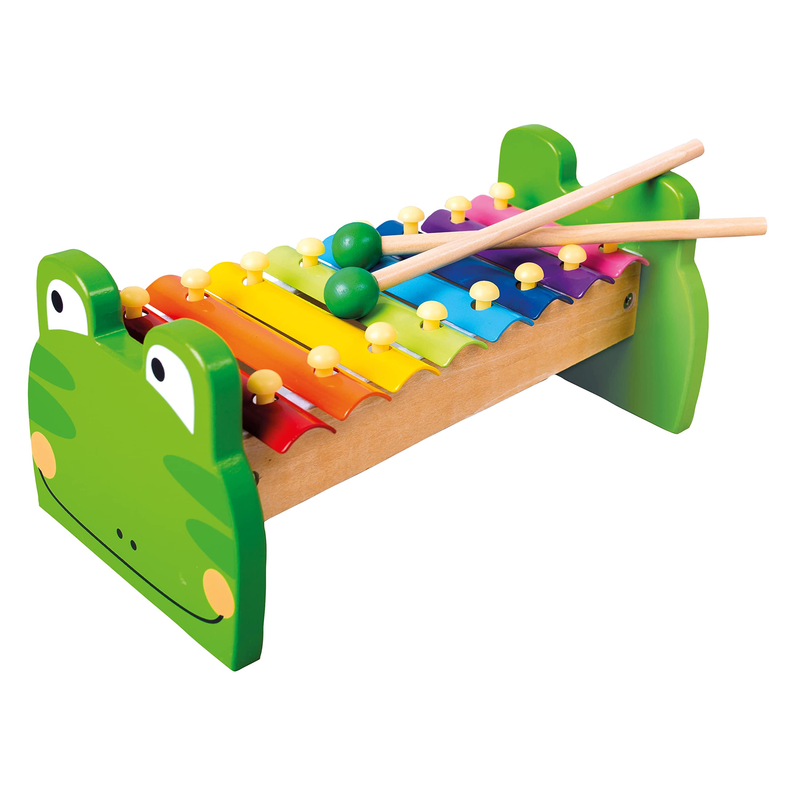 BINO 86591 - Baby Xylophone Wooden Frog With 8 colorful Metal Sound Bars And 2 Mallets. Musical Instrument For Children Aged 18 Months And Up. Size Approx. 24x11x12,5 cm.