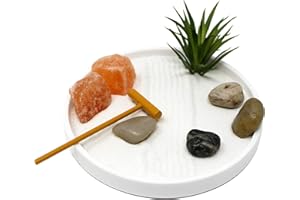 Nature's Mark Mini Zen Garden Kit for Desk with White Sand, Rake, White Base, Salt Rock and Air Plant (Round)