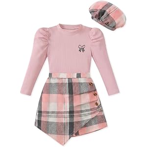 AMAWMW Girls Clothes Skirt Set Ribbed Puff Sleeve Top Plaid Skirt Shorts Beret Set 3Pcs Fall Winter Outfit