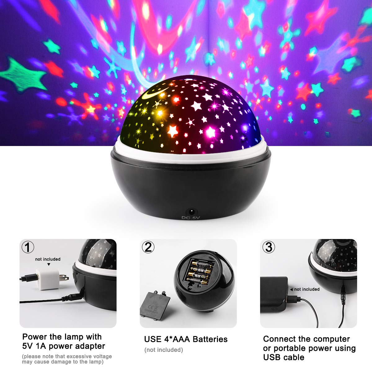 Sternenhimmel Projektor Lampe, Ifecco LED Nachtlicht Lampe 360° Rotierend Beleuchtung mit 8 Romantische Licht, Perfektes Geschenk für Babys, Kinder, Geburtstag, Weihnachten, Halloween (Schwarz)