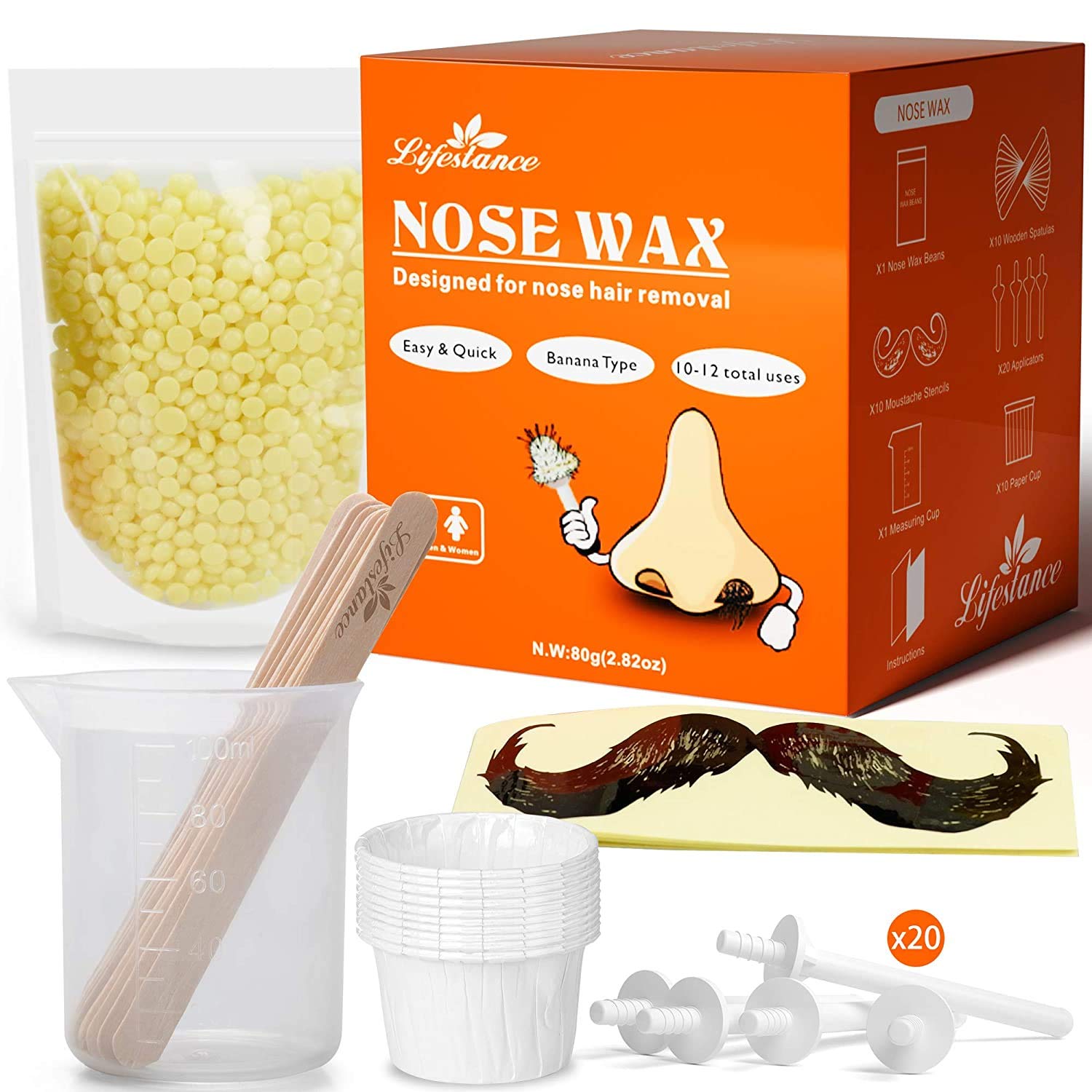 Lifestance Nose Waxing Kit for Men | 80g Nose Hair Wax with 20x Professional Stick | Ear Hair Wax Removal for Men and Women (15-20 Times Usage)