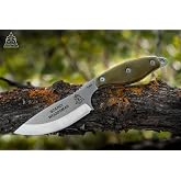 Tops Knives Scandi Woodsman Fixed Blade Knife, 1095 Steel, Leather Sheath | Made in USA with Full Tang, Tumbled Finish and Green Micarta Grip for skinning, bushcraft, wood processing and carving