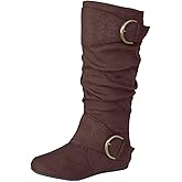 Forever Link Women's Klein-70 Closed Round Toe Buckle Slouch Flat Heel Mid-Calf Boot