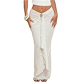 OYOANGLE Women's Textured Ruched Ruffle Trim Bodycon Maxi Skirts Boho Asymmetrical Layered Low Waisted Skirt