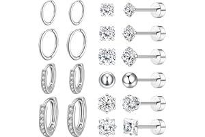 Nunpag 10 Pairs Stainless Steel Stud Earrings Colorful CZ Stud Earrings 20G Stud Earings 8mm 10mm Hoop Earrings Cartilage Earrings For Women Men