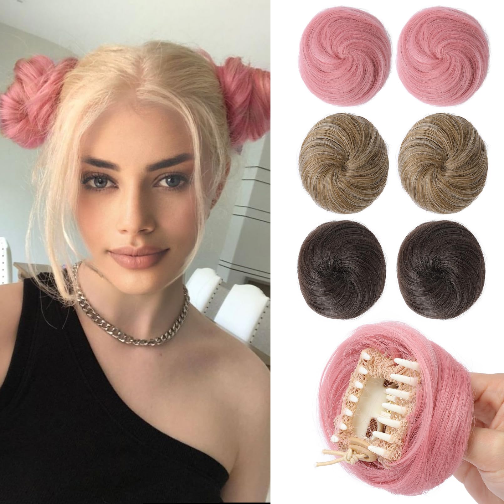 REECHO Space Bun Hair Pieces, 2 PCS Mini Claw Clip in Messy & Cat Ears Fake Hair Bun Extensions Wig Accessory Updo Hairpieces for Women Girls (Pack of 2-3" Straight, Light Pink)