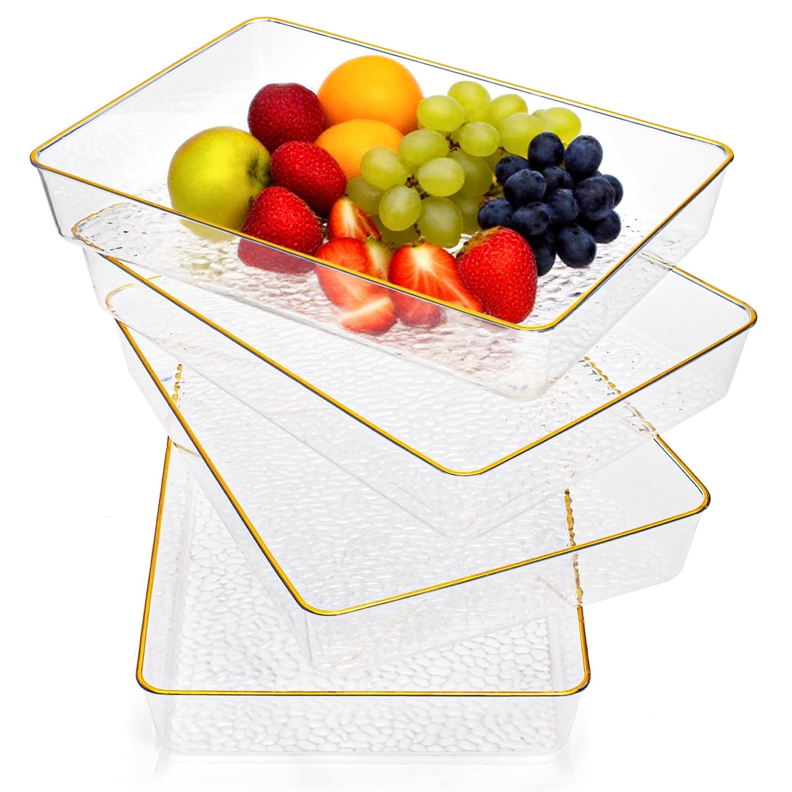 Photo 1 of Cididu 4 Pack Clear Serving Trays, Deep Serving Platters Rectangle 12'' x 8'', Decorative Tray with Gold Rim, Reusable Plastic Tray Organizer for Coffee Table Pantry Party Food Display Spill Proof