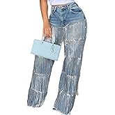 YOOTIKO Womens Tassel Baggy Jeans Y2k Sequin Fringe Pants High Waisted Straight Wide Leg Denim Jeans