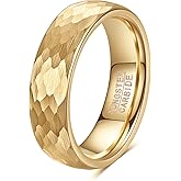 VQYSKO Hammered Tungsten Carbide Wedding Band Ring for Men Women | 4mm 6mm Black Silver Gold Hammered Wedding Engagement Band Ring Mens for Men Women | Matte Brushed Finish Comfort Fit Size 6-12 (6mm Gold, 12.5)