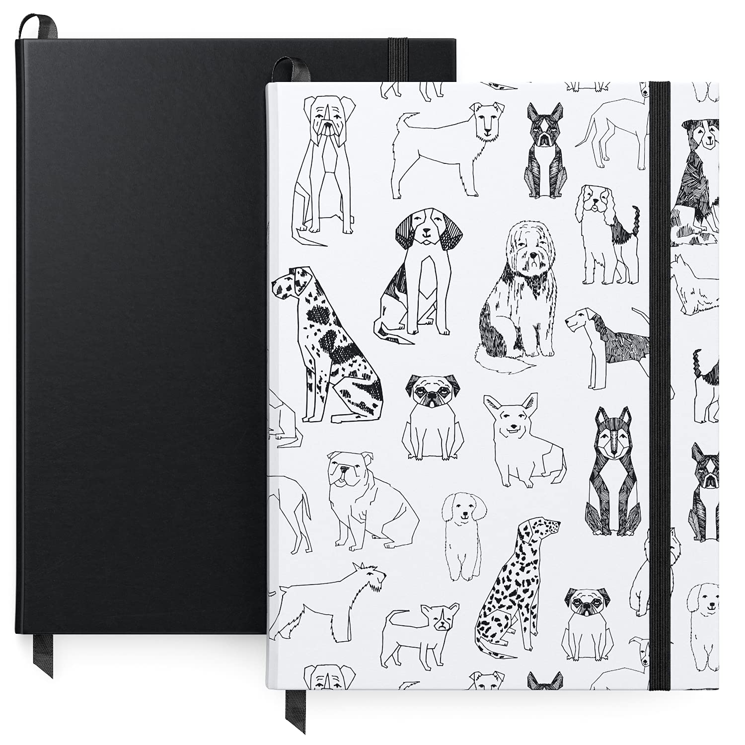 ARTEZA Pocket Notebooks, Set of 2, 15.2 x 20.3 cm, 96 Sheets Each, Dogs Design and Black, 2 Lined Writing Journals with Smooth Paper, School Supplies for Planning, Writing, and Sketching