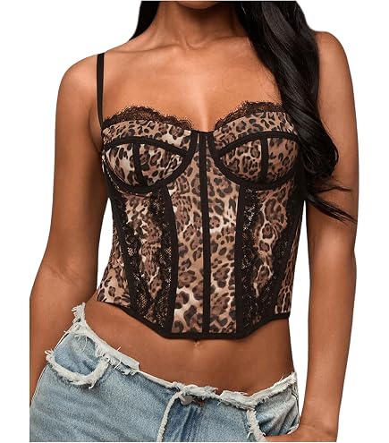 MakeMeChic Women's Leopard Print Corset Top Bow Lace Strapless