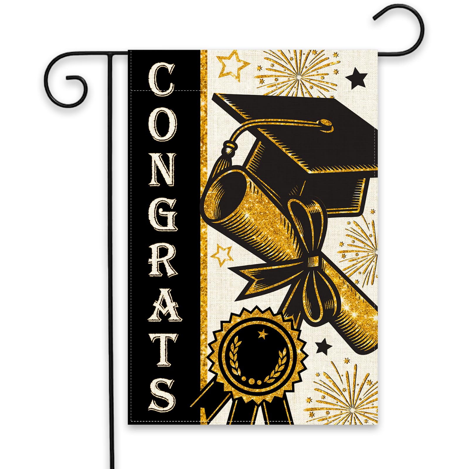 Photo 1 of 2pc Diploma Cap Congrats Grad Garden Flag 12.5x18 Inch Burlap Double Sided, Black Gold Class Of 2025 Graduation Yard Outdoor Decoration