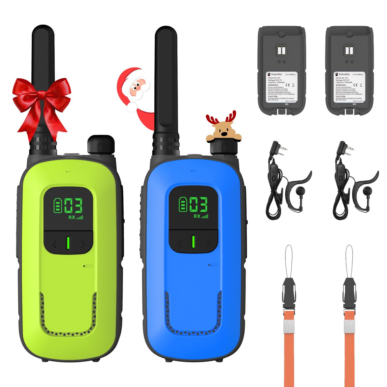 Radioddity PR-T3 Walkie Talkies for Kids Adults Long Range, Rechargeable Walky Talky PMR Two Way Radio with 16 Channels USB Charging VOX Flashlight Earpiece for Camping Hiking (Blue & Green)