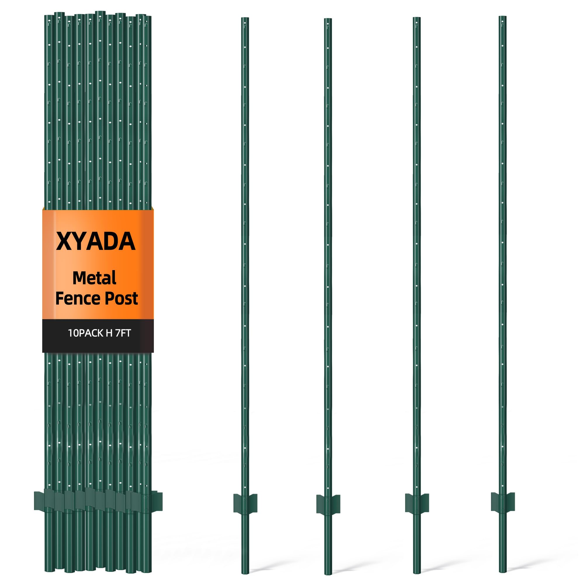 Photo 1 of XYADX Metal Fence Post 7feet, Heavy Duty Garden Fence Post for Holding Wire Fence, Sign U Post Pack of 10 Sturdy Outdoor No Dig Fence Post for Garden Yard – Green