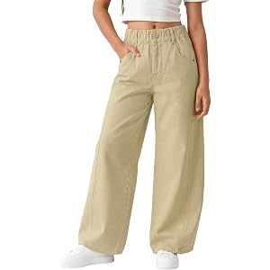 Rolanko Girls Barrel Pants Wide Leg Trousers Cotton Twill High Waisted Y2K Loose Fit Casual Pants for Tween Teen Girls