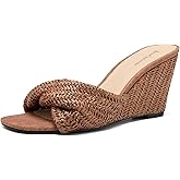 ReneChristine Women's Wedges Heeled Slippers Fabric Heels Slip on Comfy Evening Dress Woven Sandals Square Toe Shoes for Women 3.3" Heels