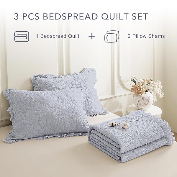 QSH CORNFLOWER BLUE STONEWASHED COTTON OVERSIZED KING QUILT BEDSPREAD SET(128″X120″),3PCS FARMHOUSE RUFFLE BEDSPREAD CALIFORNIA KING,ULTRA SOFT LIGHTWEIGHT CRINKLE QUILT COVERLET WITH PILLOW SHAMS