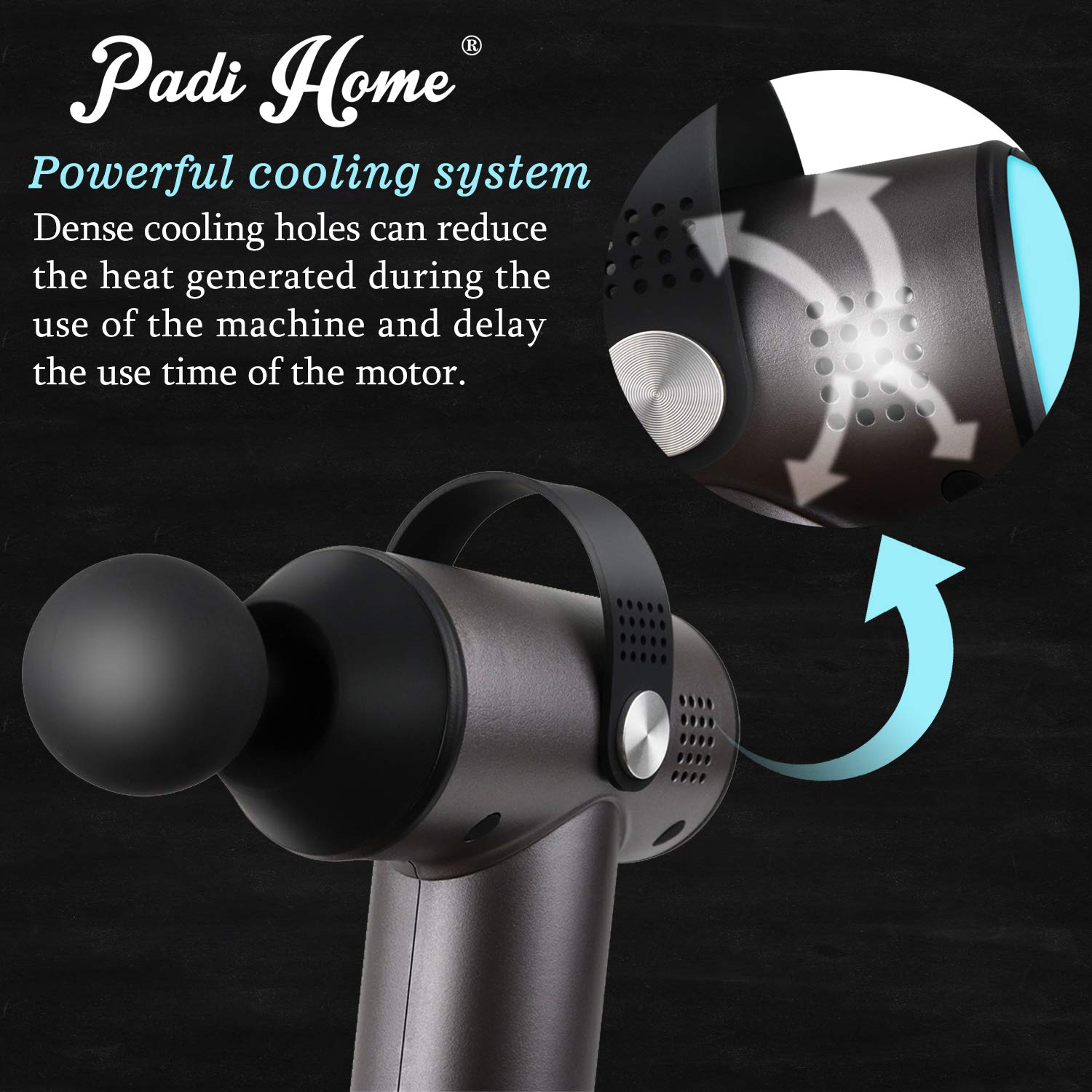 Padi Home Massage Gun Muscle Massager Massagegerät Handmassagegerät Kabelloses Wiederaufladbar mit 3 Massageköpfen, Körper Entspannen (Schwarz)