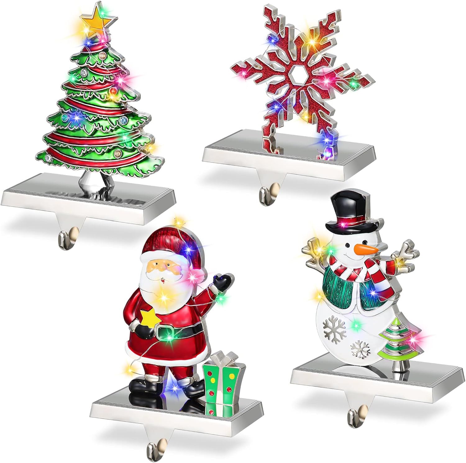 Ornament Hooks - Zhengmy 8 Pcs Christmas Stocking Holders Set Hangers Snowman Reindeer Snowflakes Tree Hooks with LED Fairy Lights Battery Operated String for Home Decor (Red, Green, Colorful Lights)