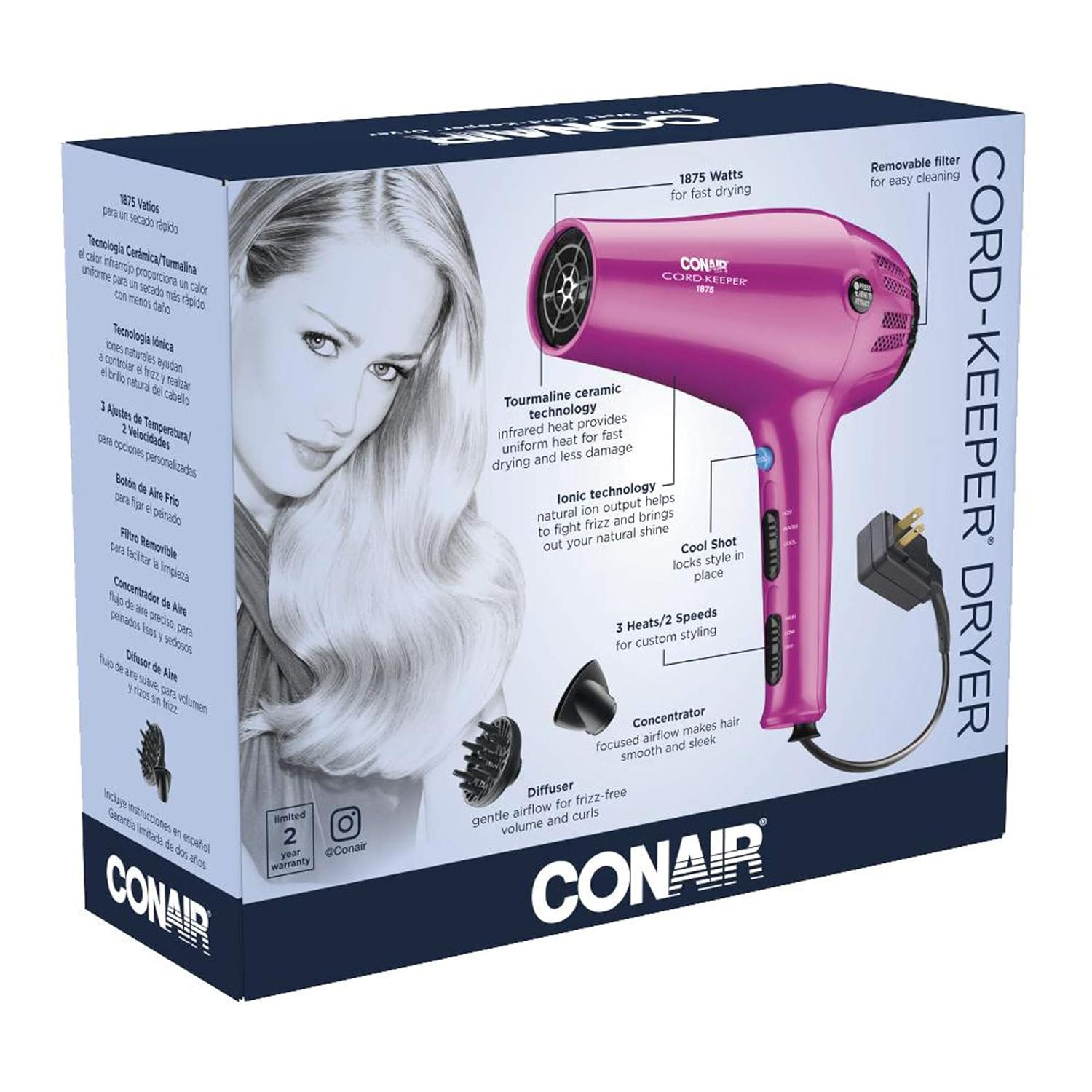 Conair 1875 Watt Cord-Keeper Hair Dryer; Pink: Beauty