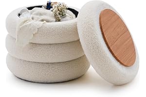 Wimarsbon Round Storage Ottoman, Modern Sherpa Footstool, Teddy Vanity Stool with Flip-Top Tray, Makeup Chair for Home Decor, Upholstered Footrest for Living Room & Bedroom (White)