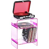 Acrylic Record Player Table with Storage Shelf, Clear Side Table Nightstand (Pink, Large)