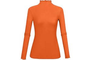 Kindcall Lightweight Ruffle Mock Neck Tops Ribbed Lettuce Trim Soft Base Layer for Women