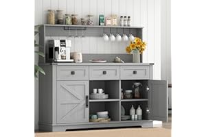 Gyfimoie Farmhouse Bar Cabinet with Hutch, Kitchen Buffet Cabinet with Storage Cabinet & 3 Sliding Drawers, Adjustable Shelf, Goblet Holder, Cup Hooks for Living Room, Dining Room Use (Grey)