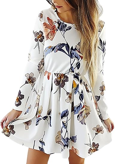 Vestidos Mujer Cortos Elegantes Primavera Otono Vestido Manga Larga Vestido Cuello Joven Bastante Redondo Flores Vestidos De Linea A Mini Vestido Plain Moda Joven Taille Plisado Vestido Mujer Women Amazon Es Ropa Y
