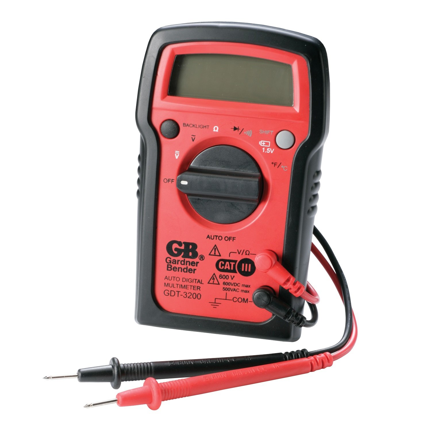 Gardner Bender GDT-3200 Digital Multimeter, 7 Funct., 7 Range, Tests AC/DC Volt, Resist, Diode, Continuity, Temp and Battery, Auto Ranging