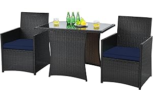 HAPPYGRILL 3 Pieces Outdoor Wicker Bistro Set PE Rattan Dining Table Set with Cushioned Chairs, Patio Conversation Set for Backyard Porch Garden and Poolside